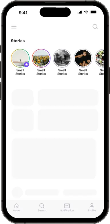 App home feed showing a row of tappable story previews